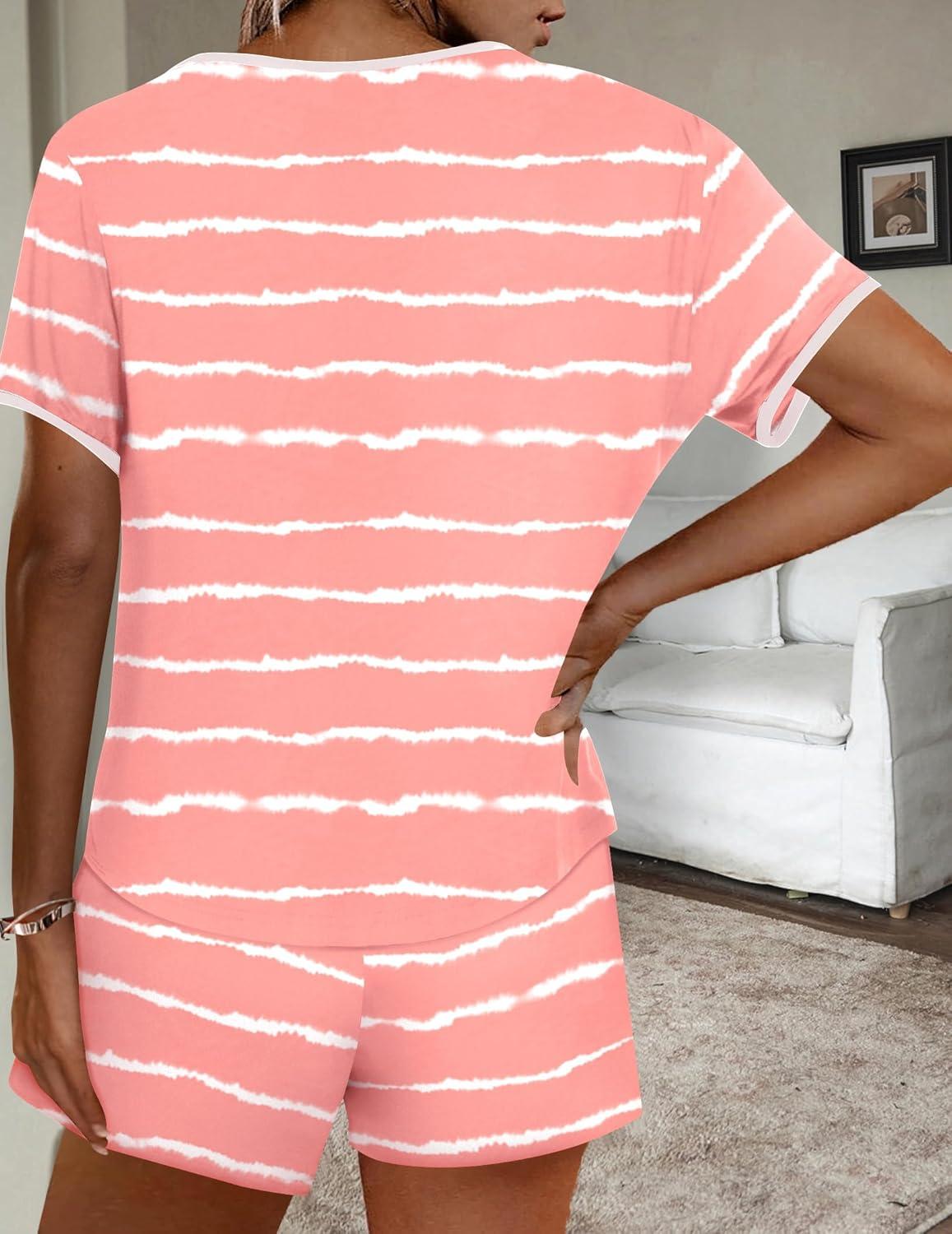 imageEkouaer Women Pajama Set Casual Short SetStripes Pink Wave