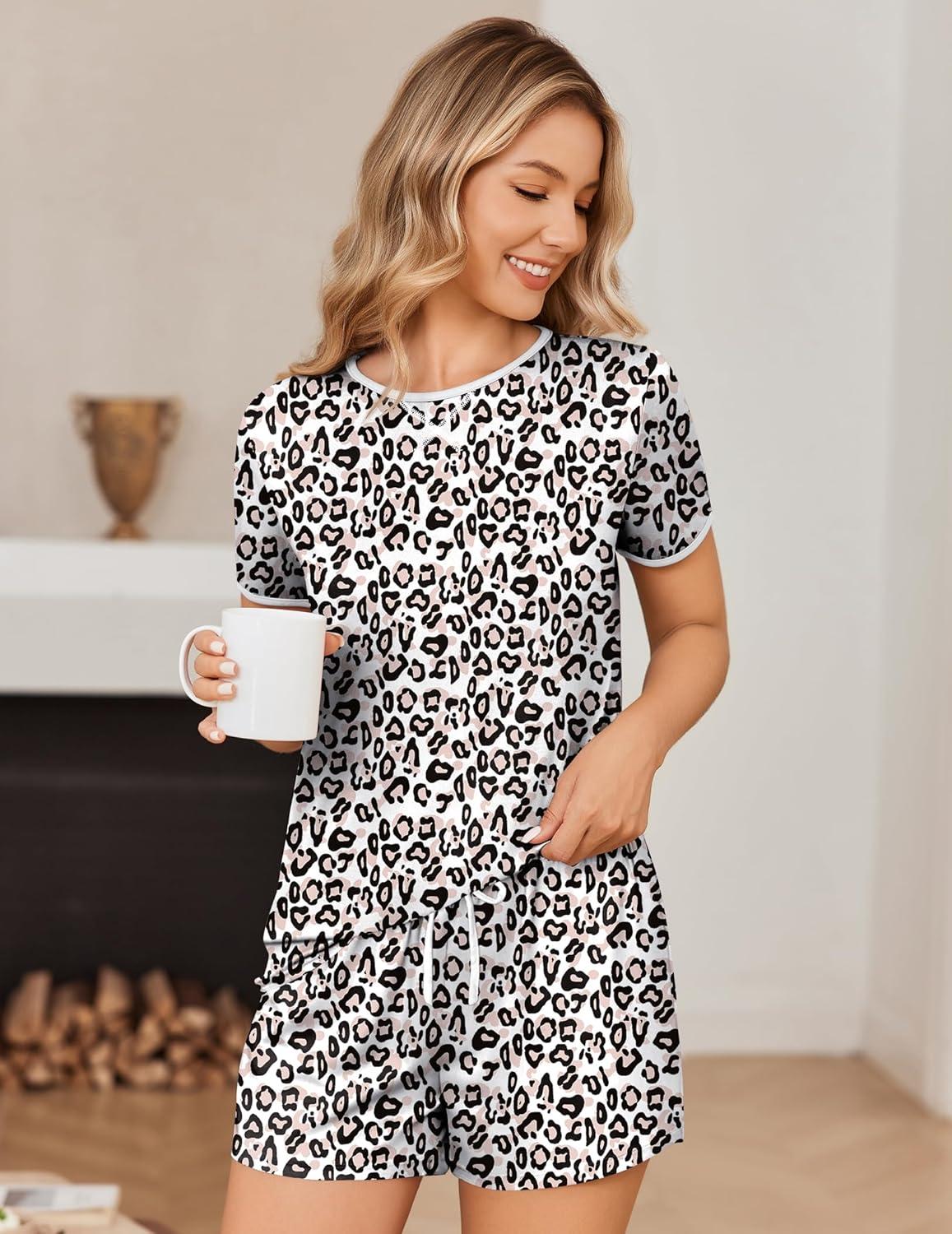 imageEkouaer Women Pajama Set Casual Short SetWhite Leopard