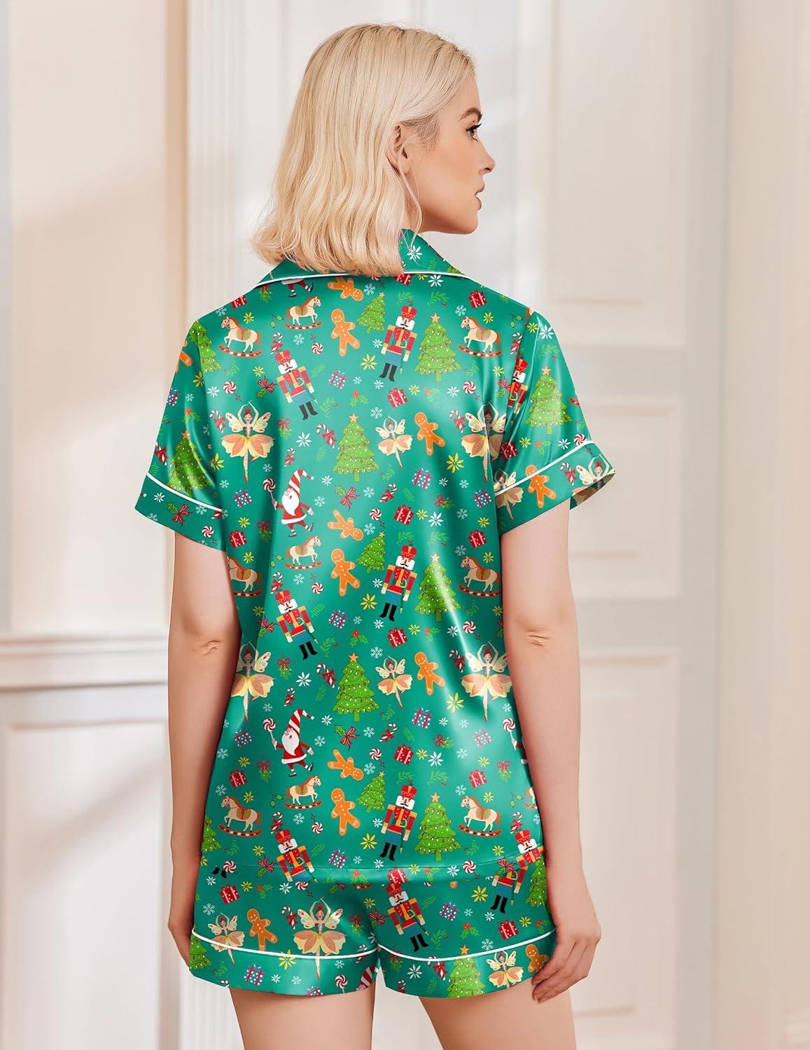 imageEkouaer Womens Christmas Pajamas Silk Satin Sleepwear Holiday Matching Pjs Funny Short Sleeve Button Down Nightwear Set SXXLChristmas Green Elf