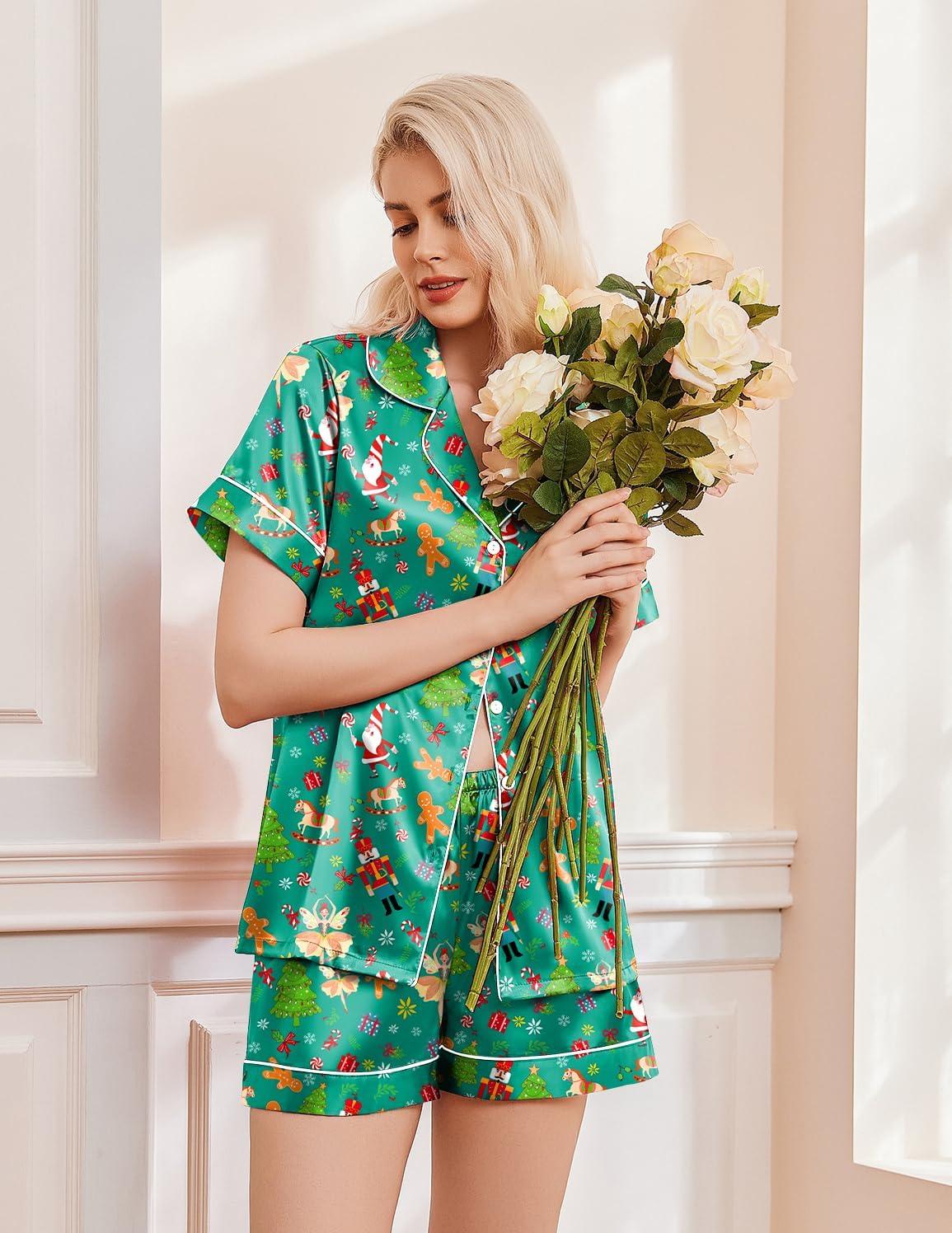imageEkouaer Womens Christmas Pajamas Silk Satin Sleepwear Holiday Matching Pjs Funny Short Sleeve Button Down Nightwear Set SXXLChristmas Green Elf