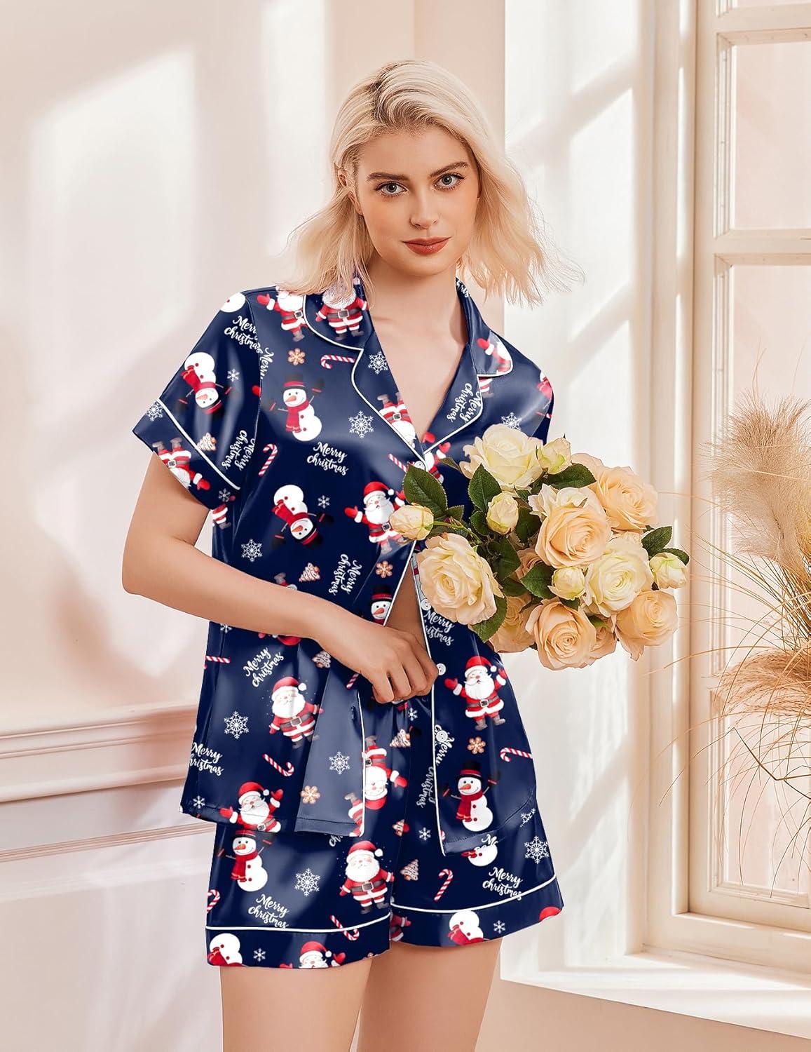 imageEkouaer Womens Christmas Pajamas Silk Satin Sleepwear Holiday Matching Pjs Funny Short Sleeve Button Down Nightwear Set SXXLChristmas Navy Snowman