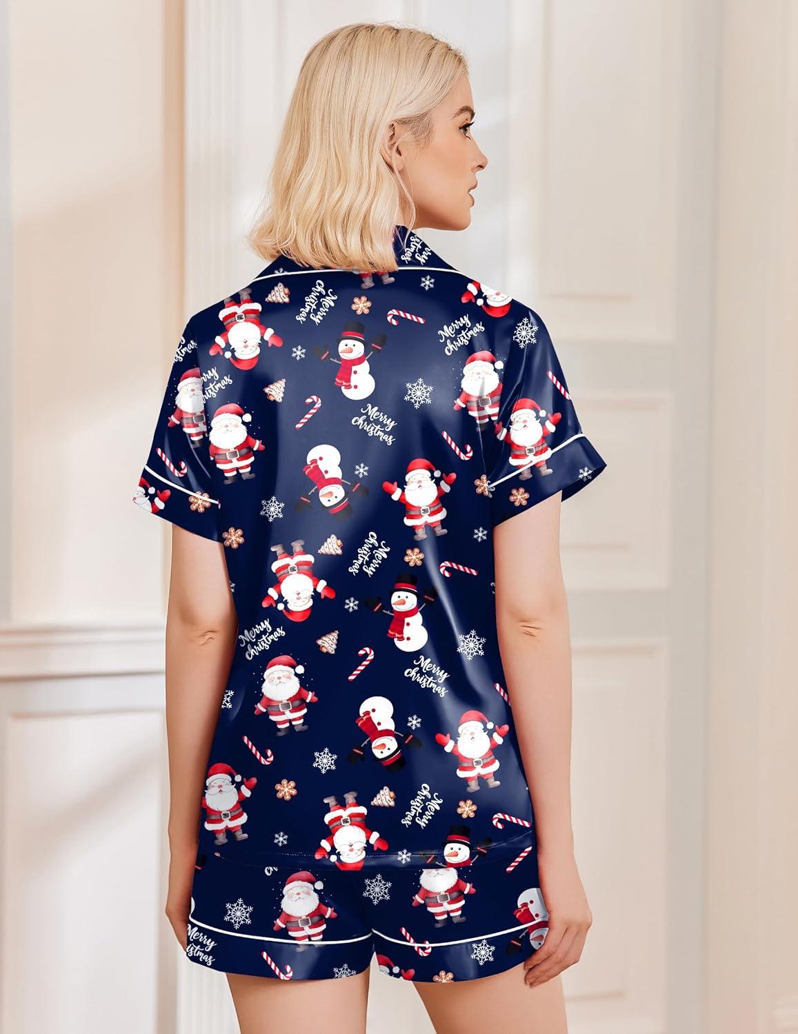 imageEkouaer Womens Christmas Pajamas Silk Satin Sleepwear Holiday Matching Pjs Funny Short Sleeve Button Down Nightwear Set SXXLChristmas Navy Snowman