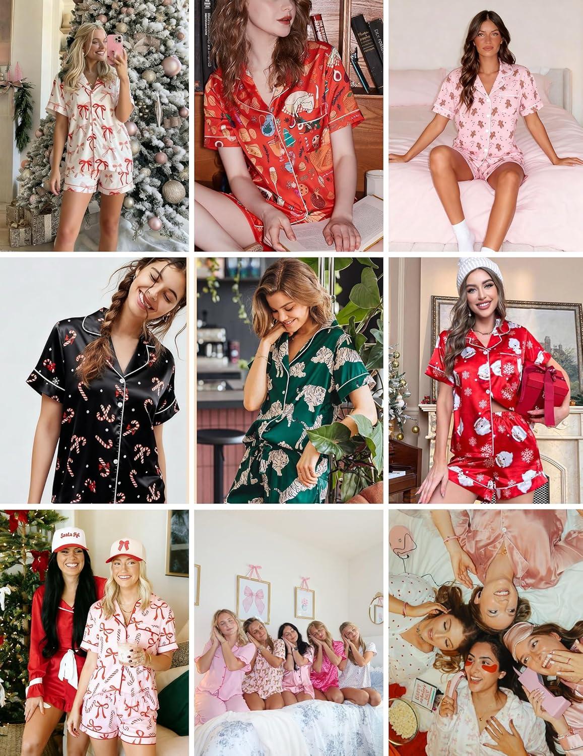 imageEkouaer Womens Christmas Pajamas Silk Satin Sleepwear Holiday Matching Pjs Funny Short Sleeve Button Down Nightwear Set SXXLChristmas Pink Candy