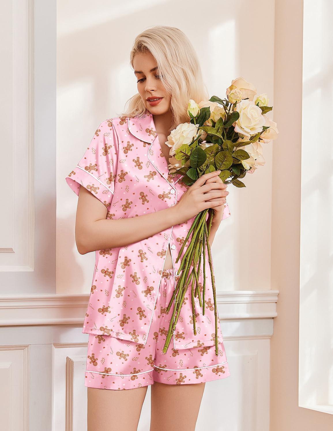 imageEkouaer Womens Christmas Pajamas Silk Satin Sleepwear Holiday Matching Pjs Funny Short Sleeve Button Down Nightwear Set SXXLChristmas Pink Gingerbread Man