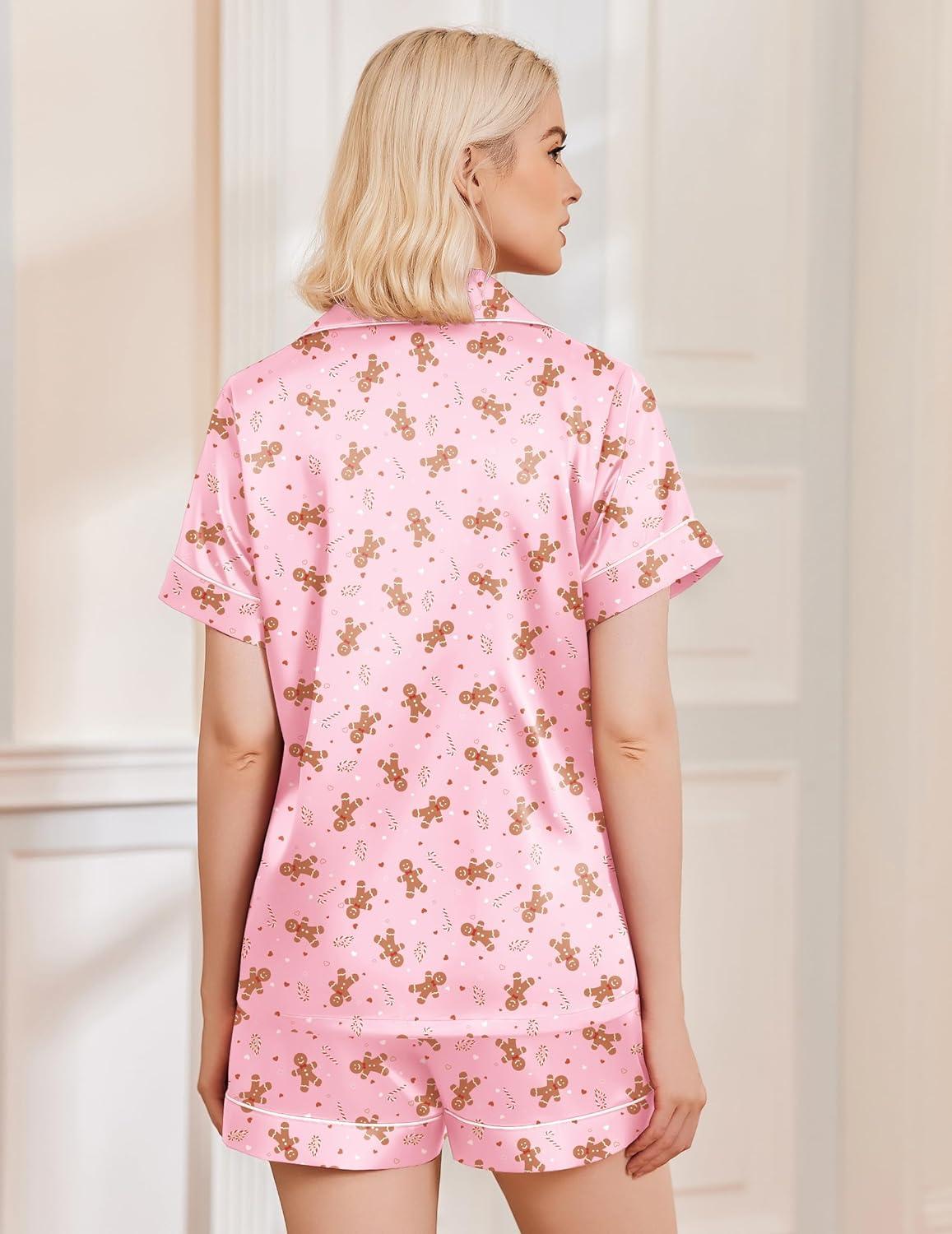 imageEkouaer Womens Christmas Pajamas Silk Satin Sleepwear Holiday Matching Pjs Funny Short Sleeve Button Down Nightwear Set SXXLChristmas Pink Gingerbread Man