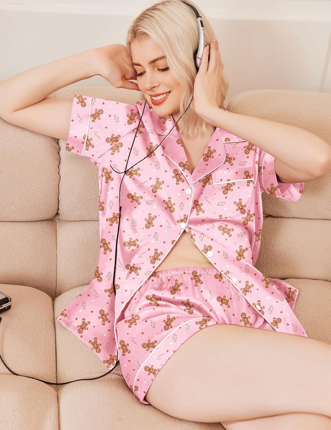 imageEkouaer Womens Christmas Pajamas Silk Satin Sleepwear Holiday Matching Pjs Funny Short Sleeve Button Down Nightwear Set SXXLChristmas Pink Gingerbread Man