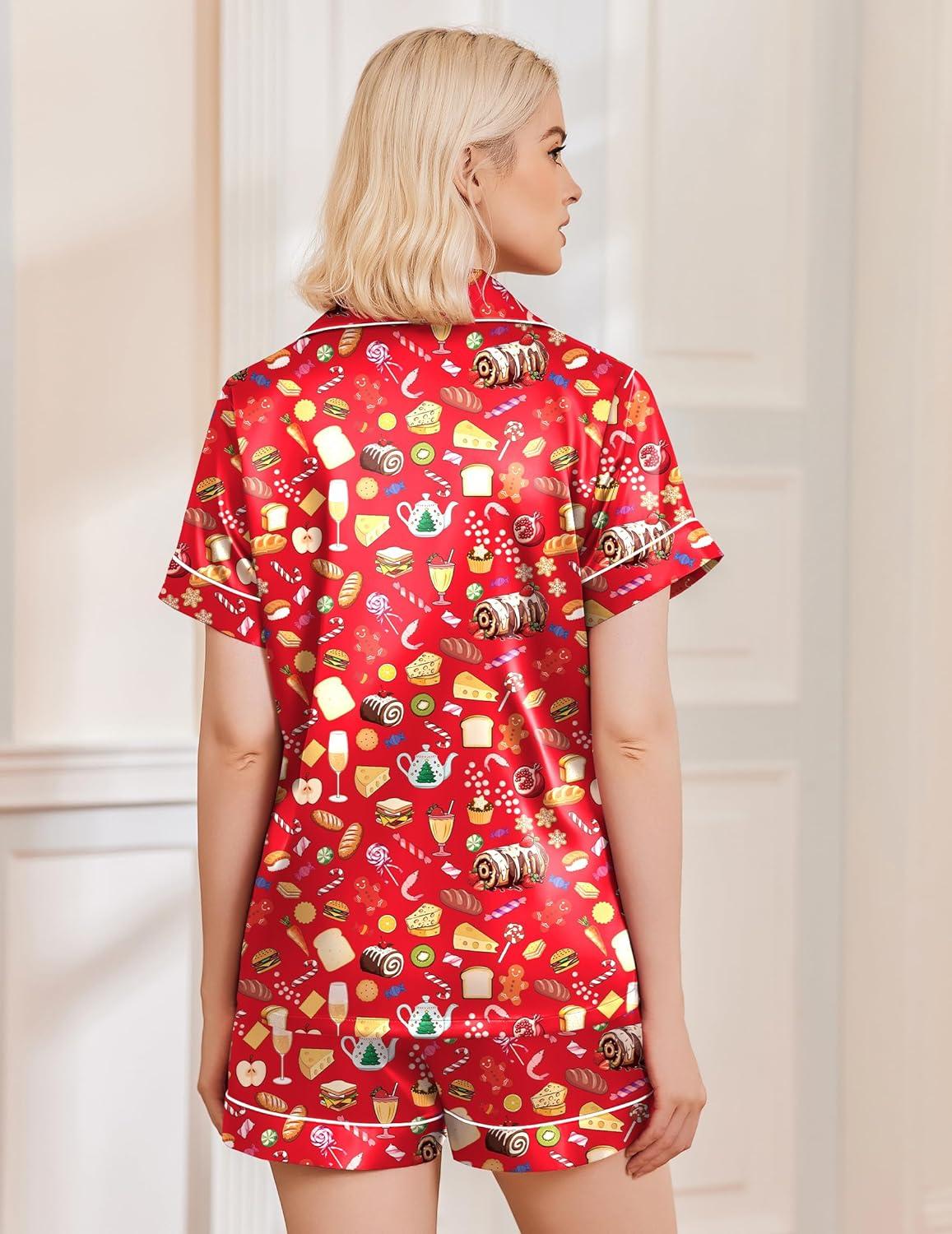 imageEkouaer Womens Christmas Pajamas Silk Satin Sleepwear Holiday Matching Pjs Funny Short Sleeve Button Down Nightwear Set SXXLChristmas Red Food