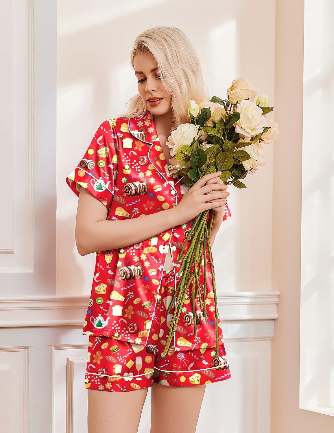 imageEkouaer Womens Christmas Pajamas Silk Satin Sleepwear Holiday Matching Pjs Funny Short Sleeve Button Down Nightwear Set SXXLChristmas Red Food
