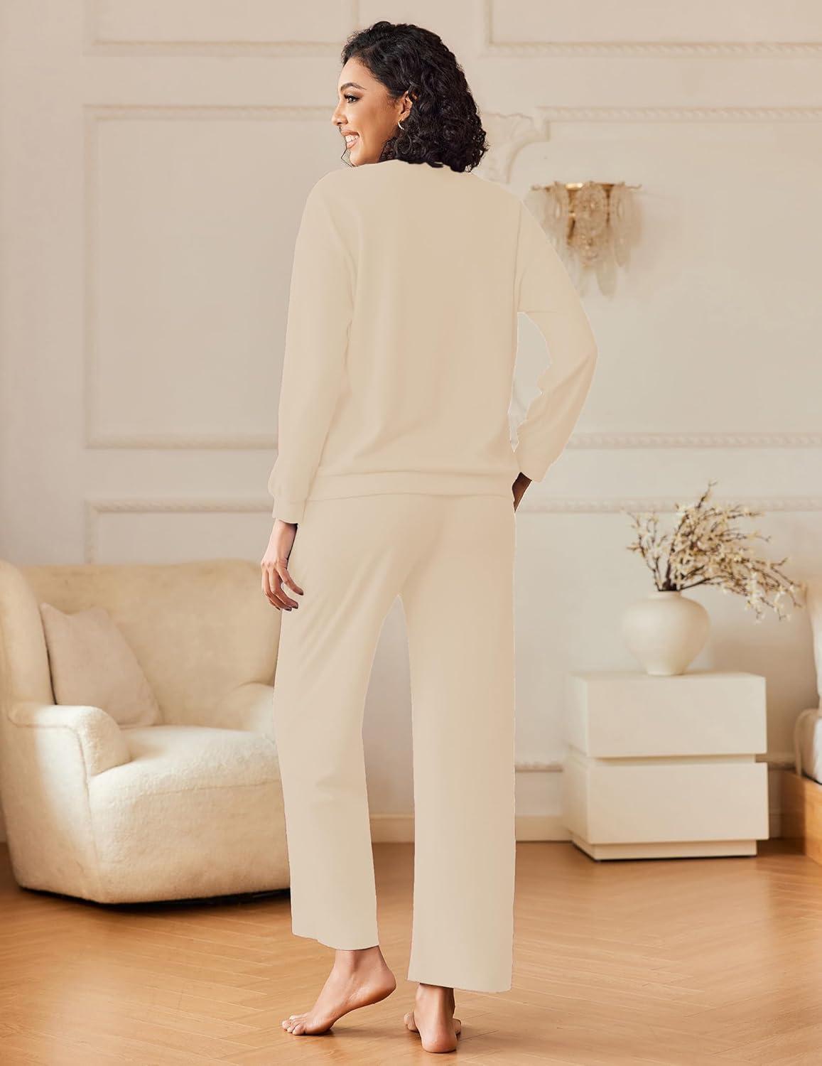 imageEkouaer Womens Pajama Sets Fuzzy Fleece Long Sleeve Sleepwear Comfy Pjs 2 Piece Lounge Set Nightwear with Poeckts SXXLBeige