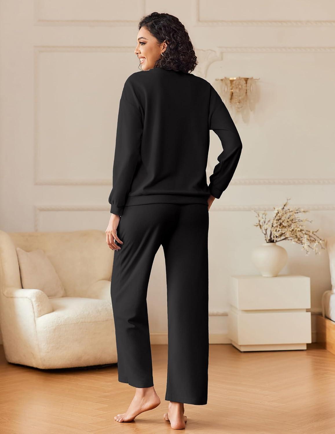 imageEkouaer Womens Pajama Sets Fuzzy Fleece Long Sleeve Sleepwear Comfy Pjs 2 Piece Lounge Set Nightwear with Poeckts SXXLBlack