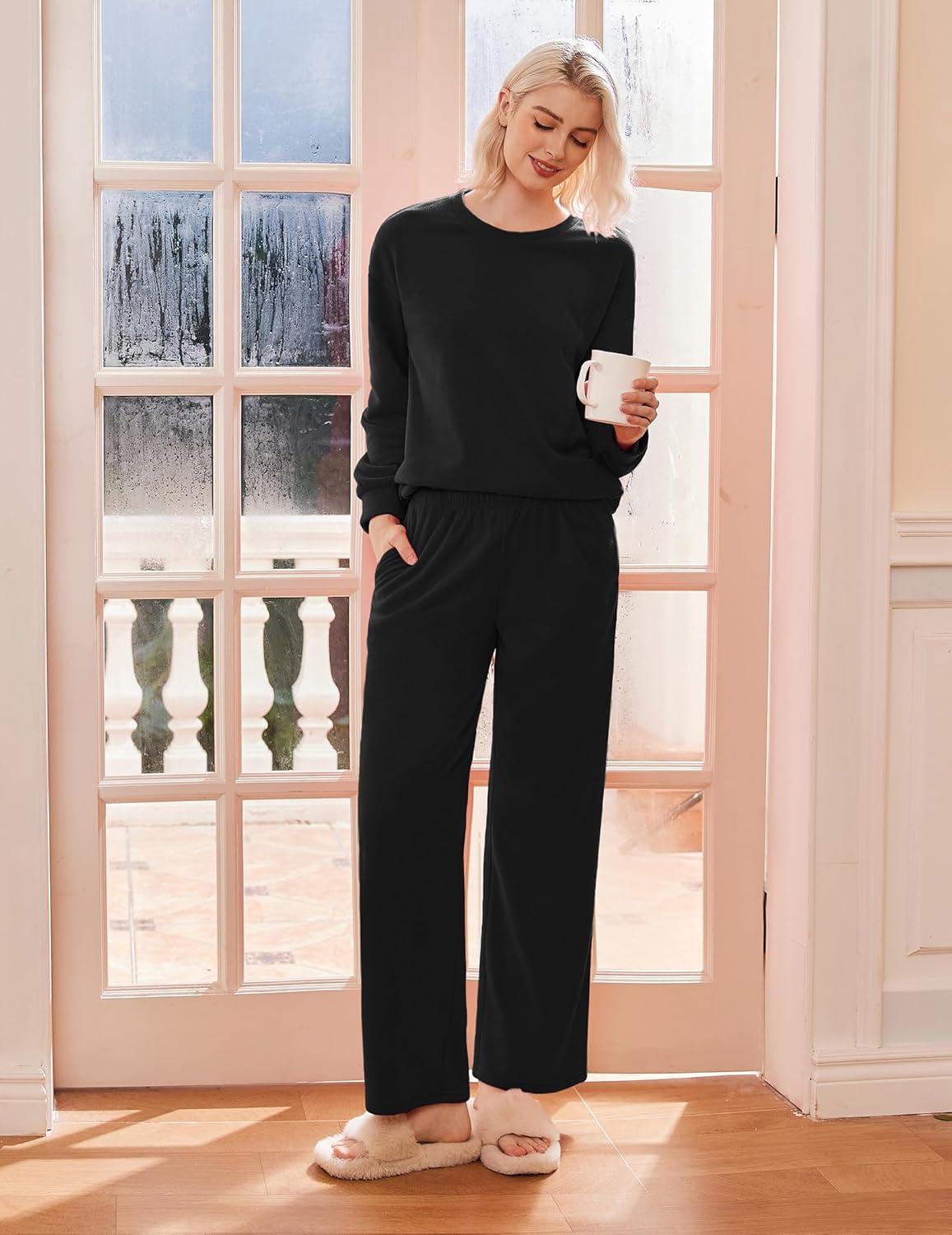 imageEkouaer Womens Pajama Sets Fuzzy Fleece Long Sleeve Sleepwear Comfy Pjs 2 Piece Lounge Set Nightwear with Poeckts SXXLBlack