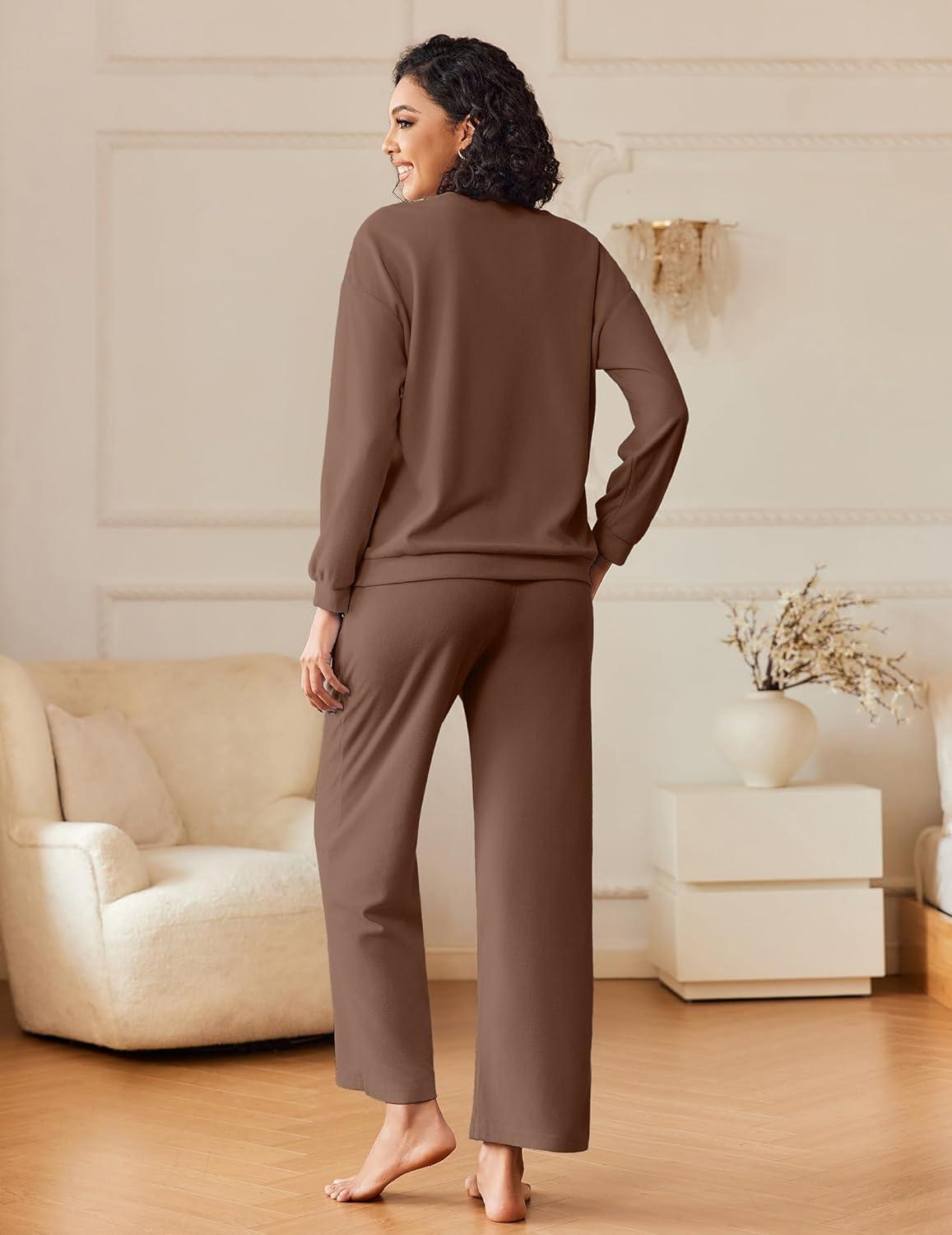 imageEkouaer Womens Pajama Sets Fuzzy Fleece Long Sleeve Sleepwear Comfy Pjs 2 Piece Lounge Set Nightwear with Poeckts SXXLBrown