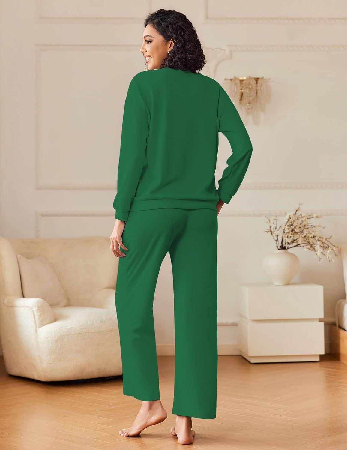 imageEkouaer Womens Pajama Sets Fuzzy Fleece Long Sleeve Sleepwear Comfy Pjs 2 Piece Lounge Set Nightwear with Poeckts SXXLDark Green