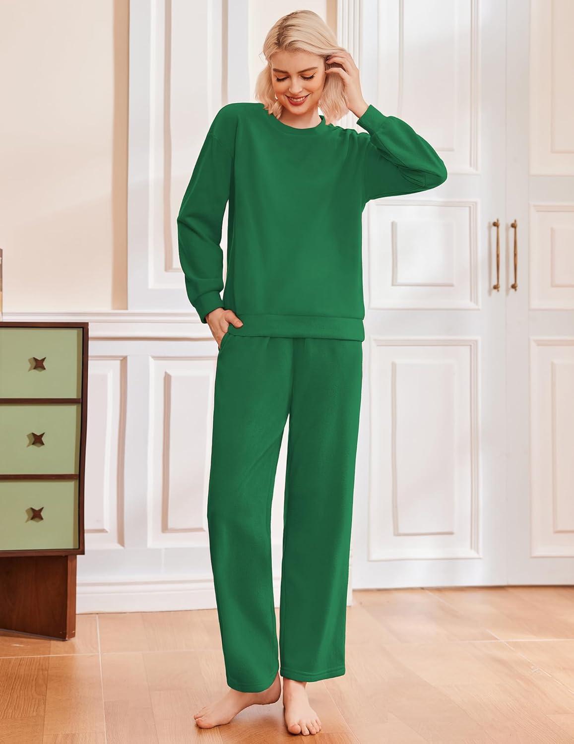 imageEkouaer Womens Pajama Sets Fuzzy Fleece Long Sleeve Sleepwear Comfy Pjs 2 Piece Lounge Set Nightwear with Poeckts SXXLDark Green