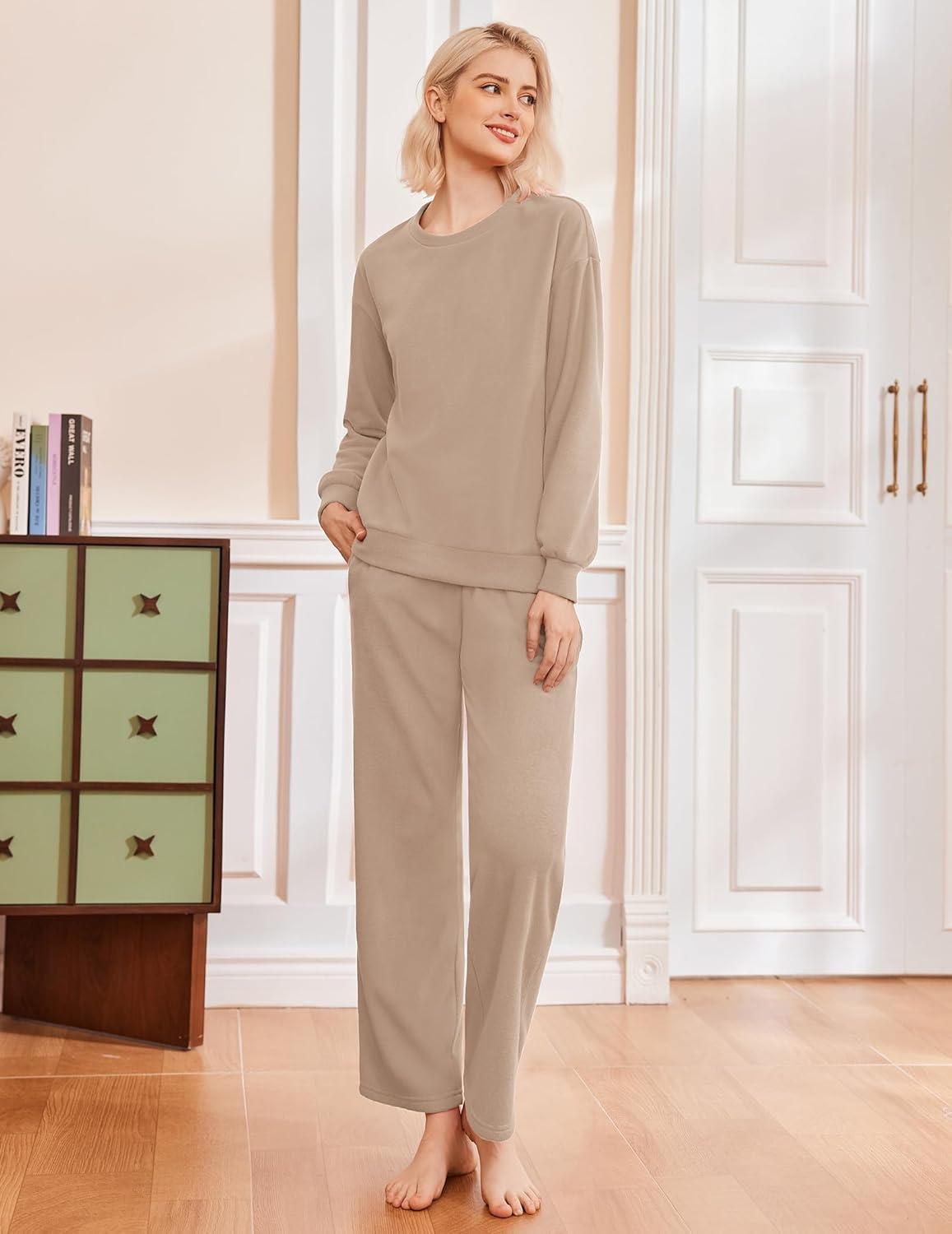 imageEkouaer Womens Pajama Sets Fuzzy Fleece Long Sleeve Sleepwear Comfy Pjs 2 Piece Lounge Set Nightwear with Poeckts SXXLKhaki