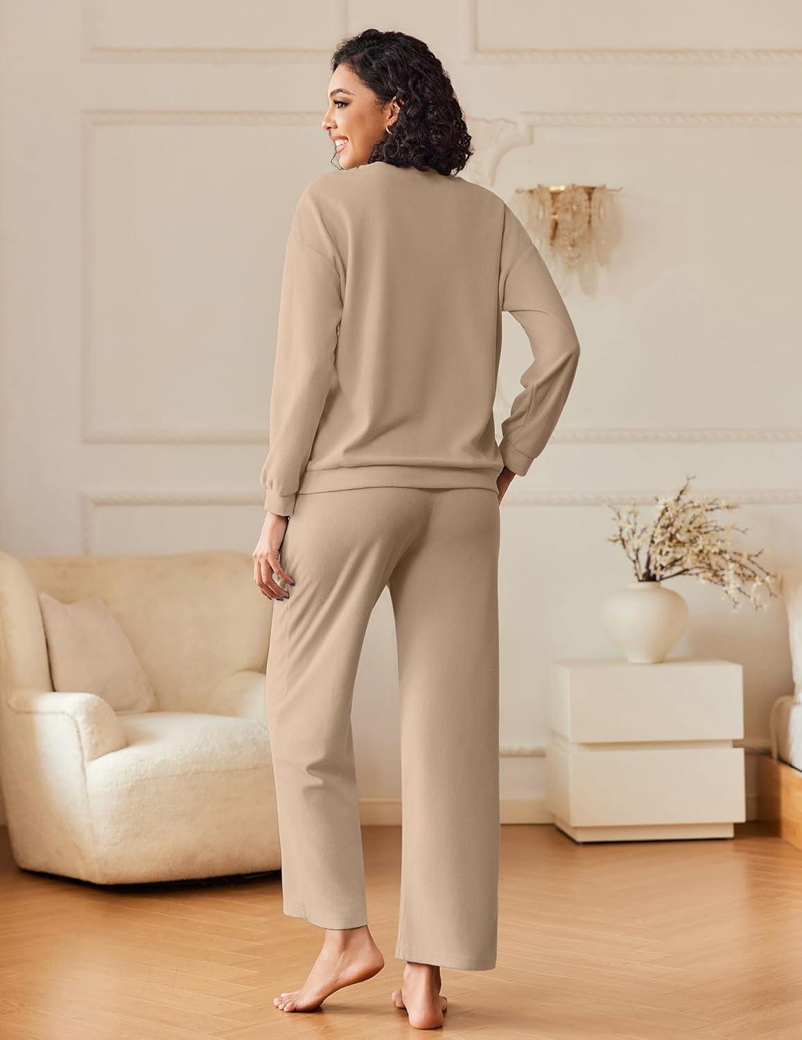 imageEkouaer Womens Pajama Sets Fuzzy Fleece Long Sleeve Sleepwear Comfy Pjs 2 Piece Lounge Set Nightwear with Poeckts SXXLKhaki