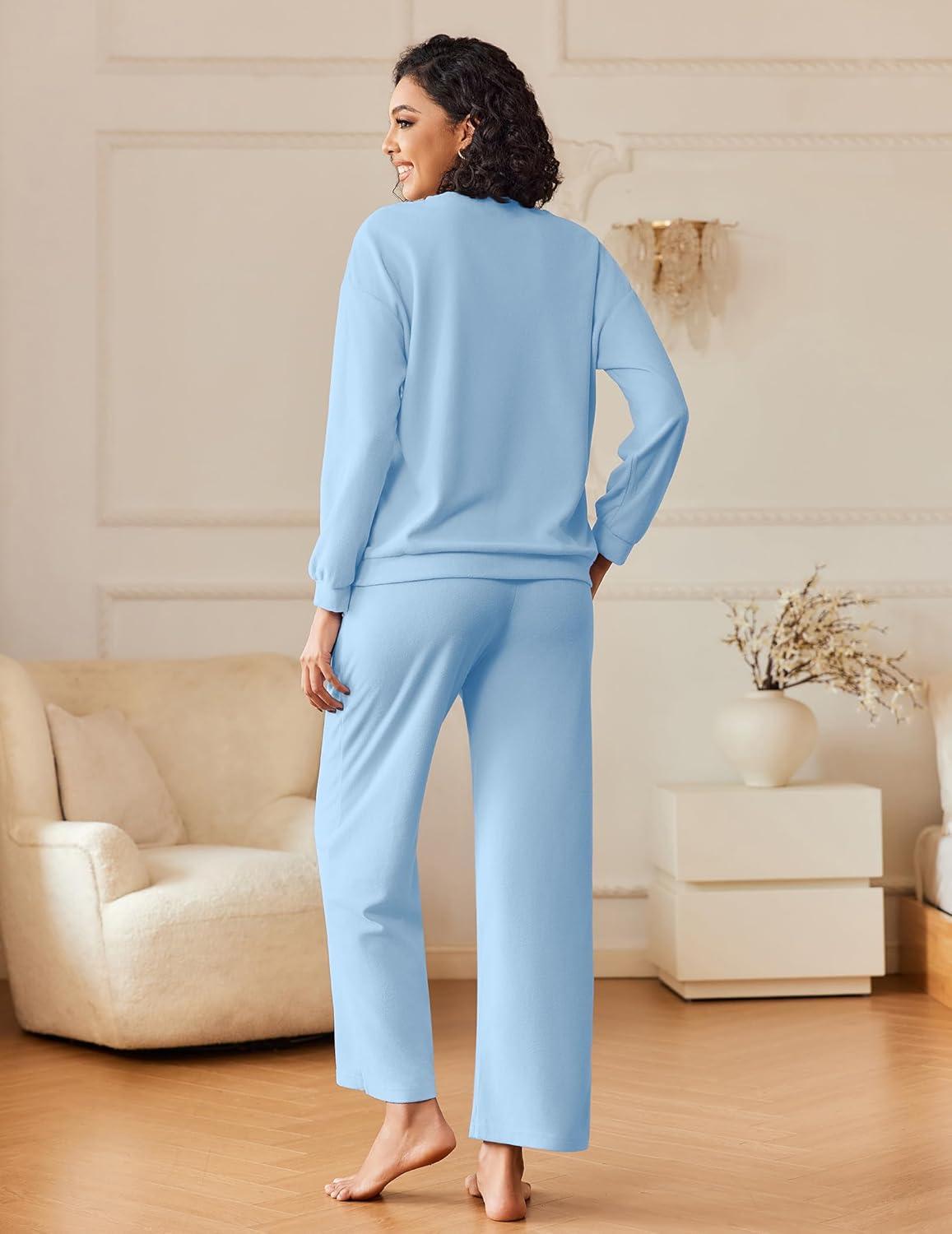imageEkouaer Womens Pajama Sets Fuzzy Fleece Long Sleeve Sleepwear Comfy Pjs 2 Piece Lounge Set Nightwear with Poeckts SXXLLight Blue