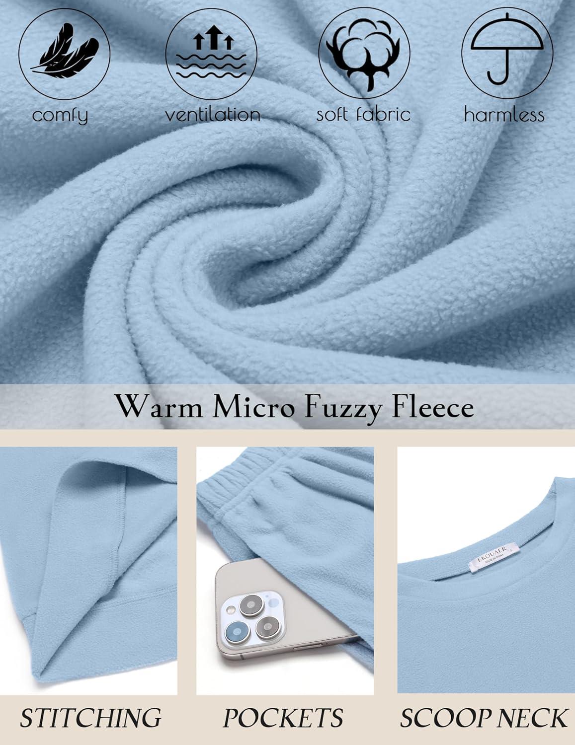 imageEkouaer Womens Pajama Sets Fuzzy Fleece Long Sleeve Sleepwear Comfy Pjs 2 Piece Lounge Set Nightwear with Poeckts SXXLLight Blue