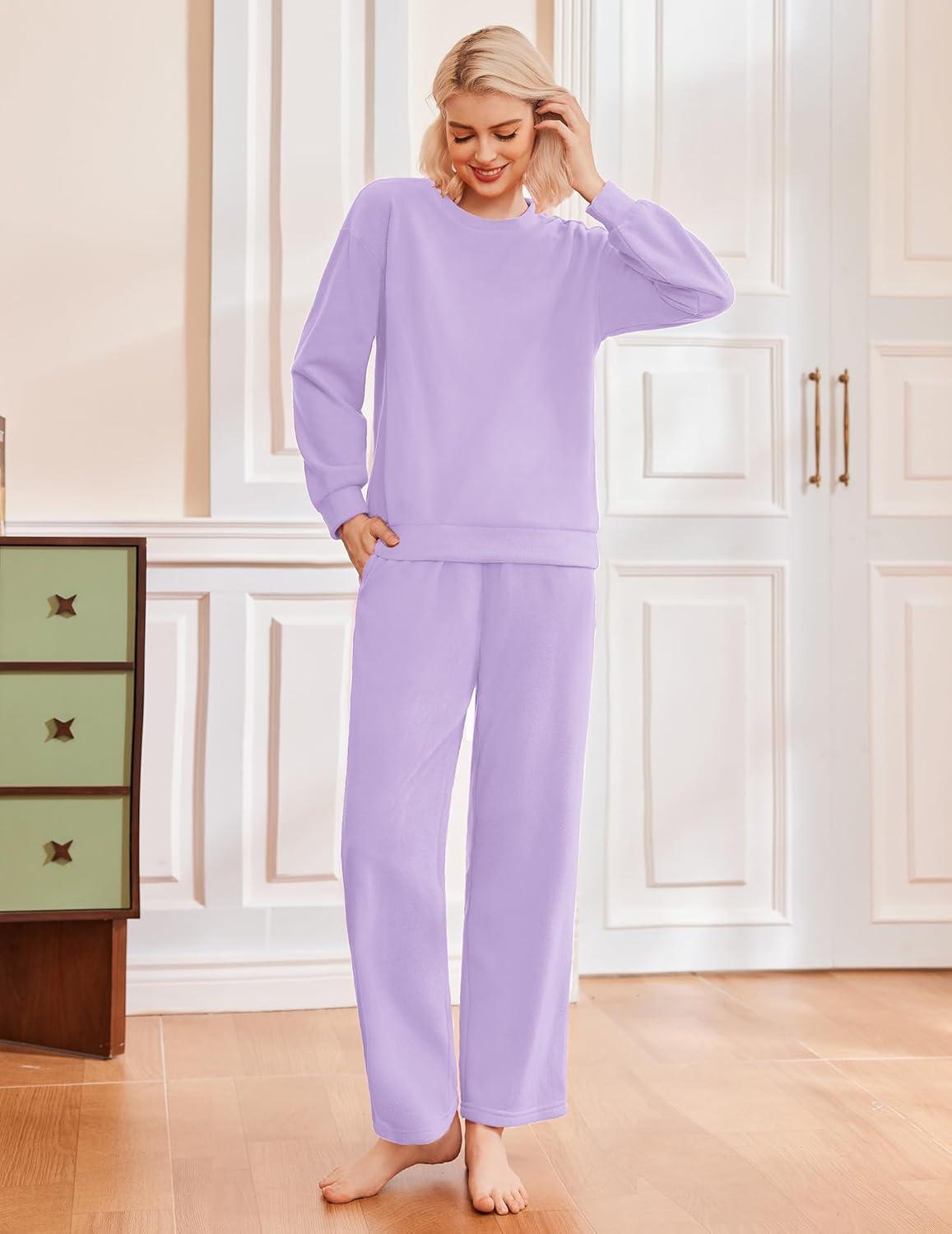 imageEkouaer Womens Pajama Sets Fuzzy Fleece Long Sleeve Sleepwear Comfy Pjs 2 Piece Lounge Set Nightwear with Poeckts SXXLLilac
