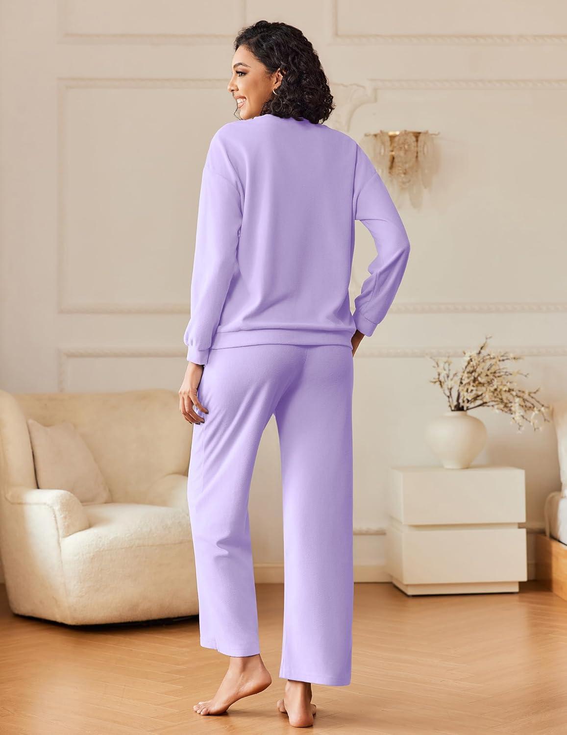 imageEkouaer Womens Pajama Sets Fuzzy Fleece Long Sleeve Sleepwear Comfy Pjs 2 Piece Lounge Set Nightwear with Poeckts SXXLLilac