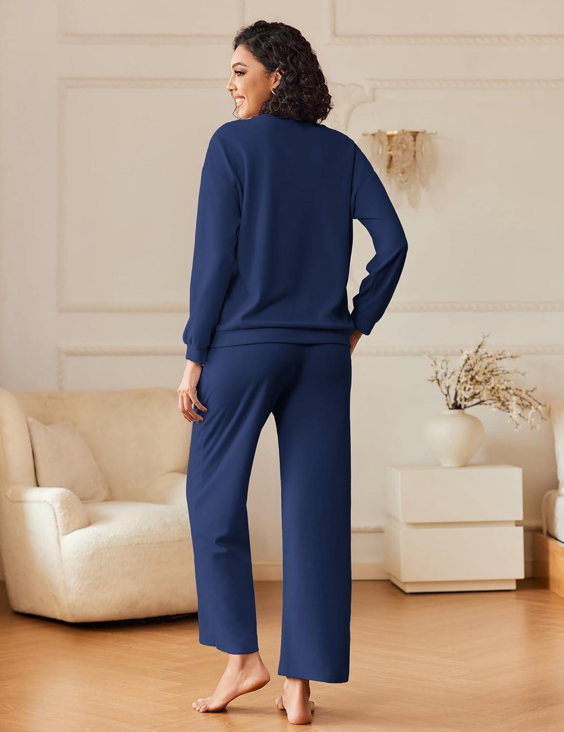 imageEkouaer Womens Pajama Sets Fuzzy Fleece Long Sleeve Sleepwear Comfy Pjs 2 Piece Lounge Set Nightwear with Poeckts SXXLNavy Blue