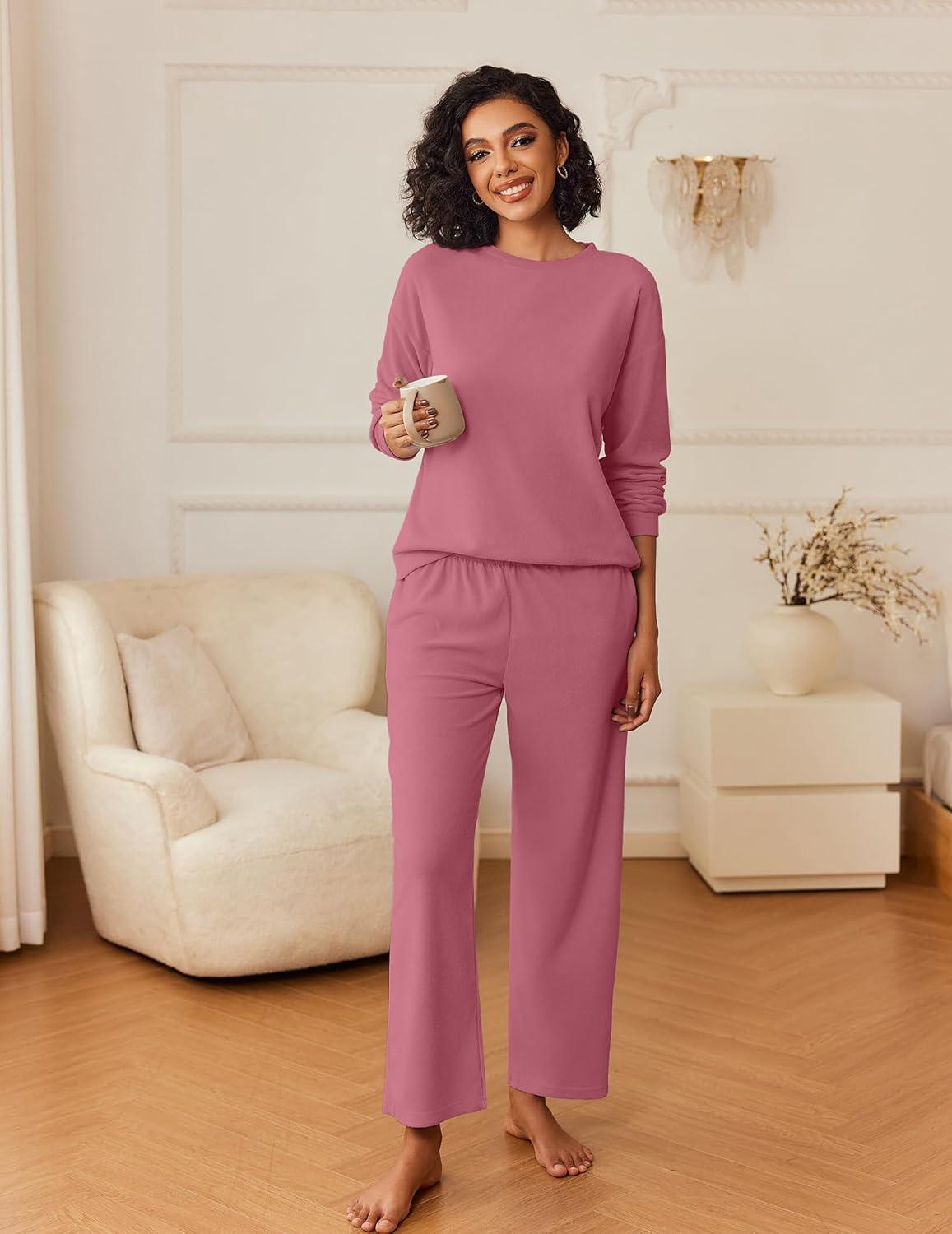 imageEkouaer Womens Pajama Sets Fuzzy Fleece Long Sleeve Sleepwear Comfy Pjs 2 Piece Lounge Set Nightwear with Poeckts SXXLPale Violet Red