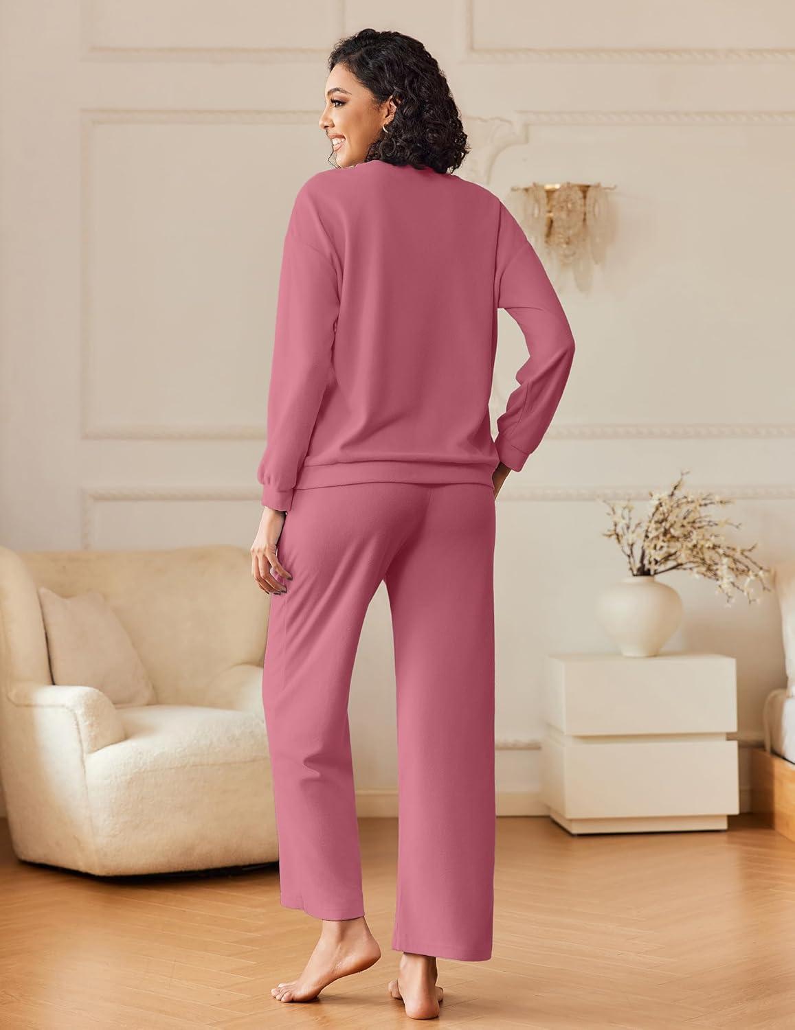 imageEkouaer Womens Pajama Sets Fuzzy Fleece Long Sleeve Sleepwear Comfy Pjs 2 Piece Lounge Set Nightwear with Poeckts SXXLPale Violet Red