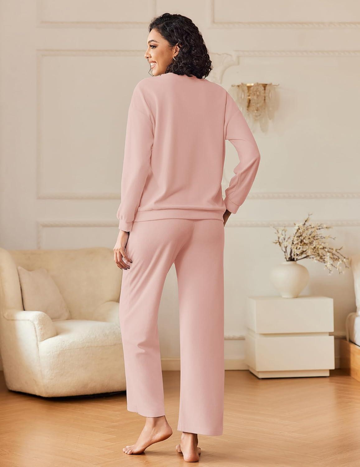 imageEkouaer Womens Pajama Sets Fuzzy Fleece Long Sleeve Sleepwear Comfy Pjs 2 Piece Lounge Set Nightwear with Poeckts SXXLPink