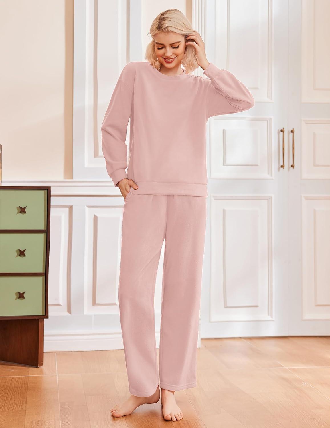 imageEkouaer Womens Pajama Sets Fuzzy Fleece Long Sleeve Sleepwear Comfy Pjs 2 Piece Lounge Set Nightwear with Poeckts SXXLPink