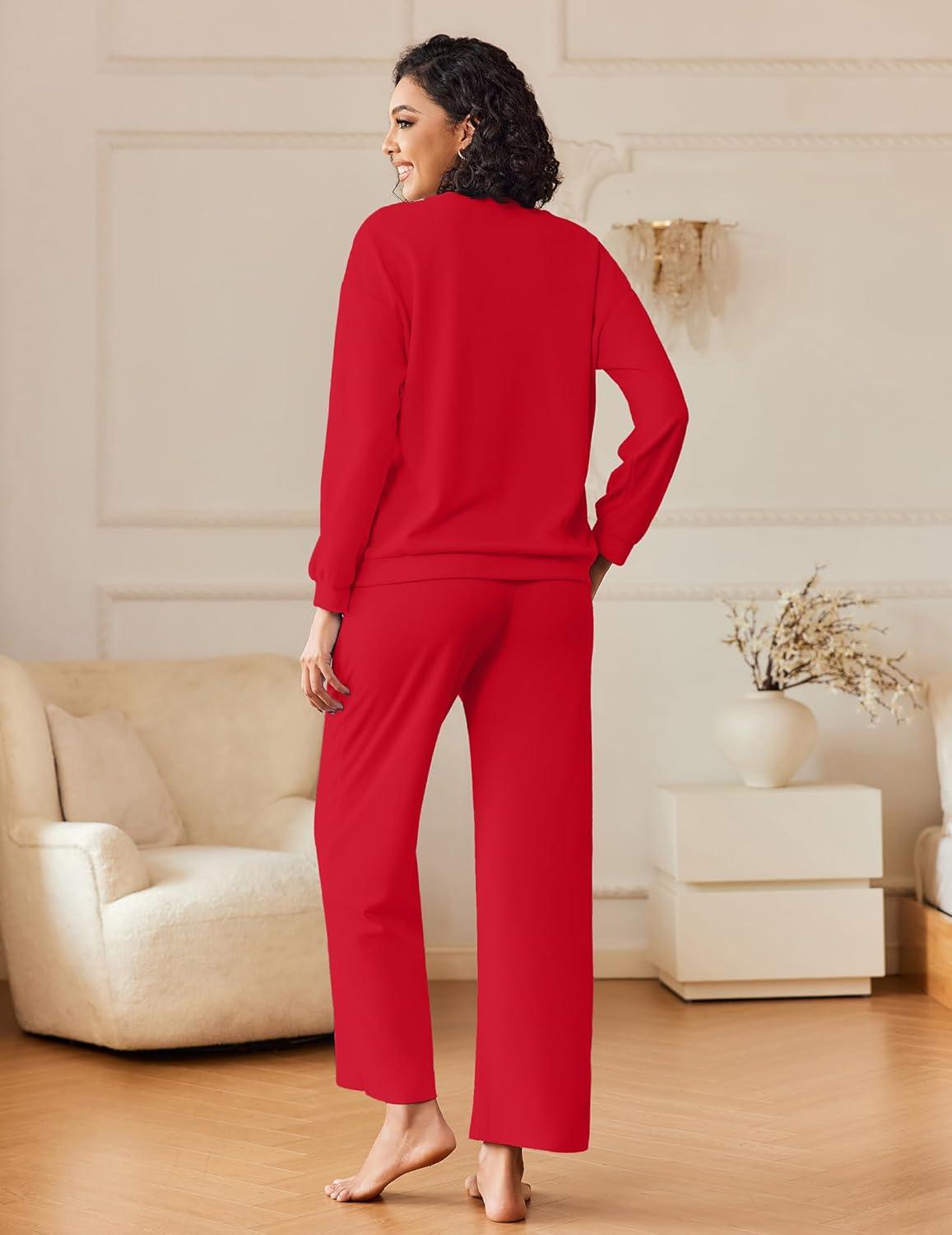 imageEkouaer Womens Pajama Sets Fuzzy Fleece Long Sleeve Sleepwear Comfy Pjs 2 Piece Lounge Set Nightwear with Poeckts SXXLRed