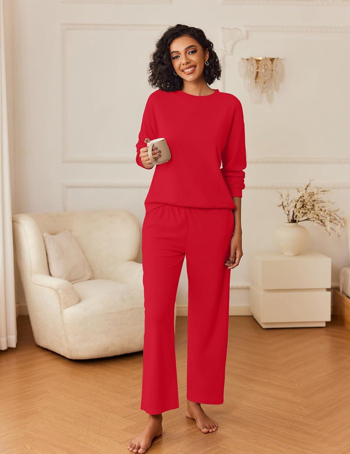 imageEkouaer Womens Pajama Sets Fuzzy Fleece Long Sleeve Sleepwear Comfy Pjs 2 Piece Lounge Set Nightwear with Poeckts SXXLRed