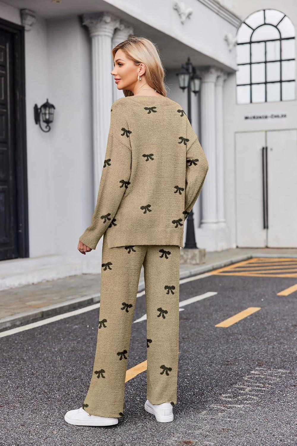 imageEkouaer Womens Pajama Sets Fuzzy Fleece Sleepwear Long Sleeve Pjs 2 Piece Lounge Set Fall Outfits Sweater Nightwear SXXLBow