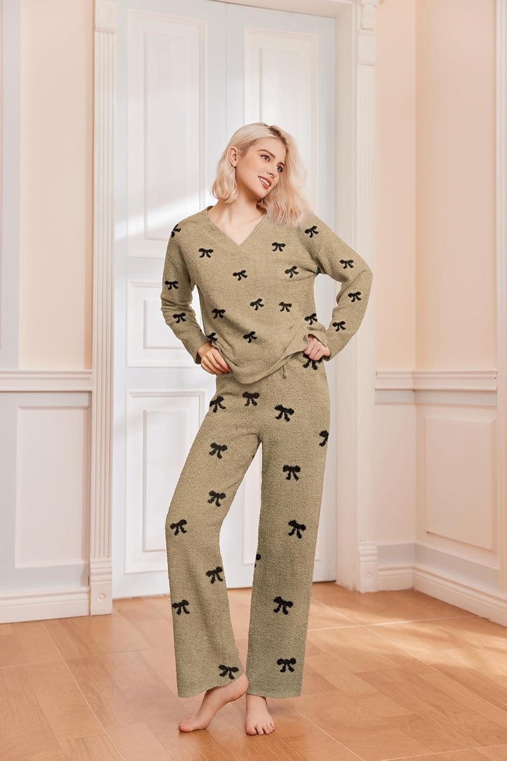 imageEkouaer Womens Pajama Sets Fuzzy Fleece Sleepwear Long Sleeve Pjs 2 Piece Lounge Set Fall Outfits Sweater Nightwear SXXLBow