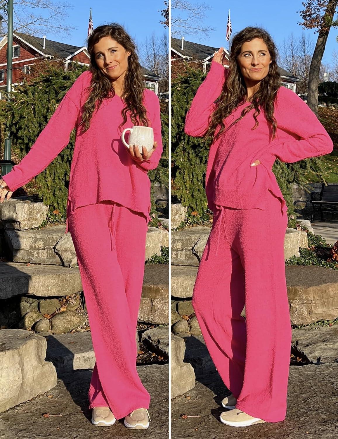 imageEkouaer Womens Pajama Sets Fuzzy Fleece Sleepwear Long Sleeve Pjs 2 Piece Lounge Set Fall Outfits Sweater Nightwear SXXLRose