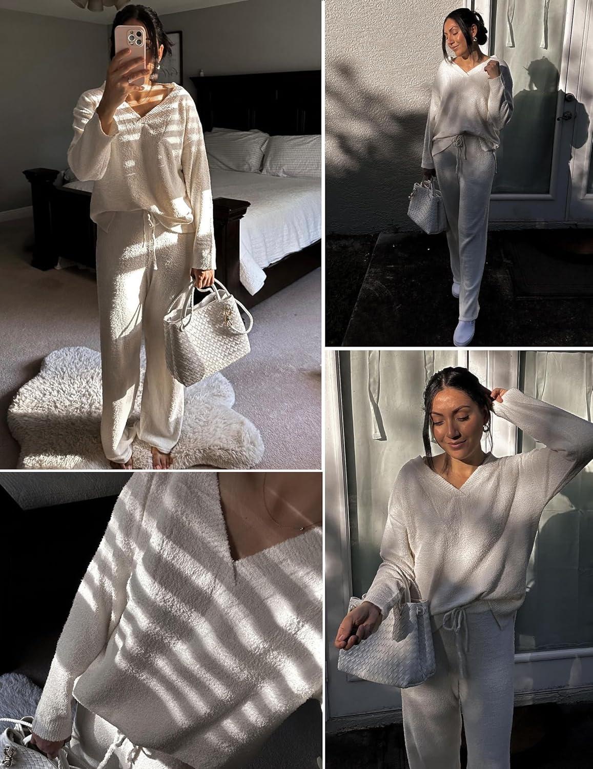 imageEkouaer Womens Pajama Sets Fuzzy Fleece Sleepwear Long Sleeve Pjs 2 Piece Lounge Set Fall Outfits Sweater Nightwear SXXLWhite