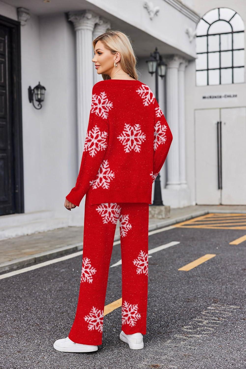 imageEkouaer Womens Pajama Sets Fuzzy Fleece Sleepwear Long Sleeve Pjs 2 Piece Lounge Set Fall Outfits Sweater Nightwear SXXLWhite Snowflake