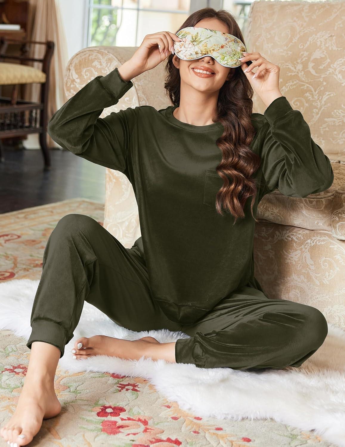 imageEkouaer Womens Pajamas Sets Long Sleeve Soft Sleepwear 2 Piece Velvet Pjs Lounge Sets with PocketsArmy Green