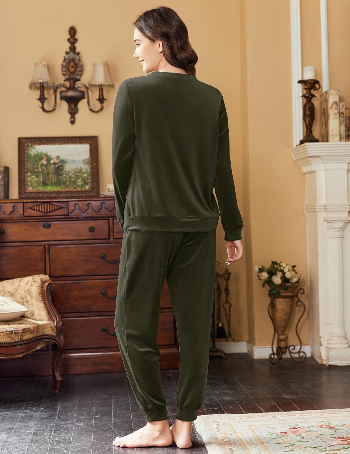 imageEkouaer Womens Pajamas Sets Long Sleeve Soft Sleepwear 2 Piece Velvet Pjs Lounge Sets with PocketsArmy Green