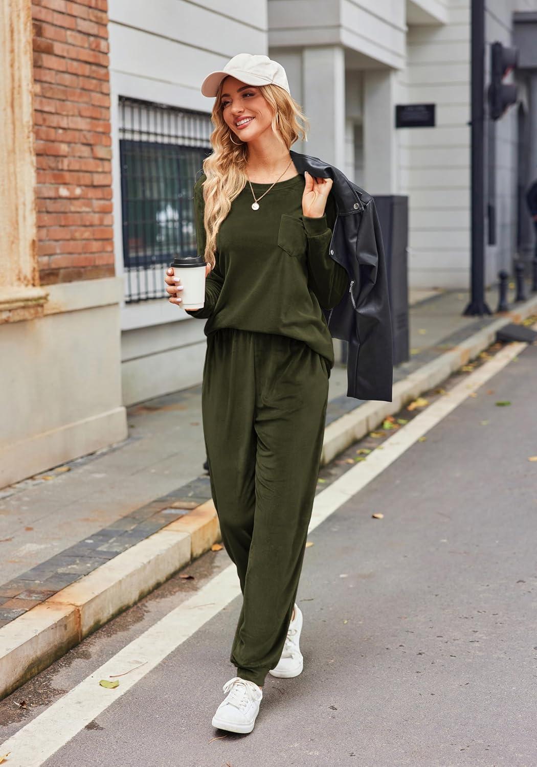 imageEkouaer Womens Pajamas Sets Long Sleeve Soft Sleepwear 2 Piece Velvet Pjs Lounge Sets with PocketsArmy Green