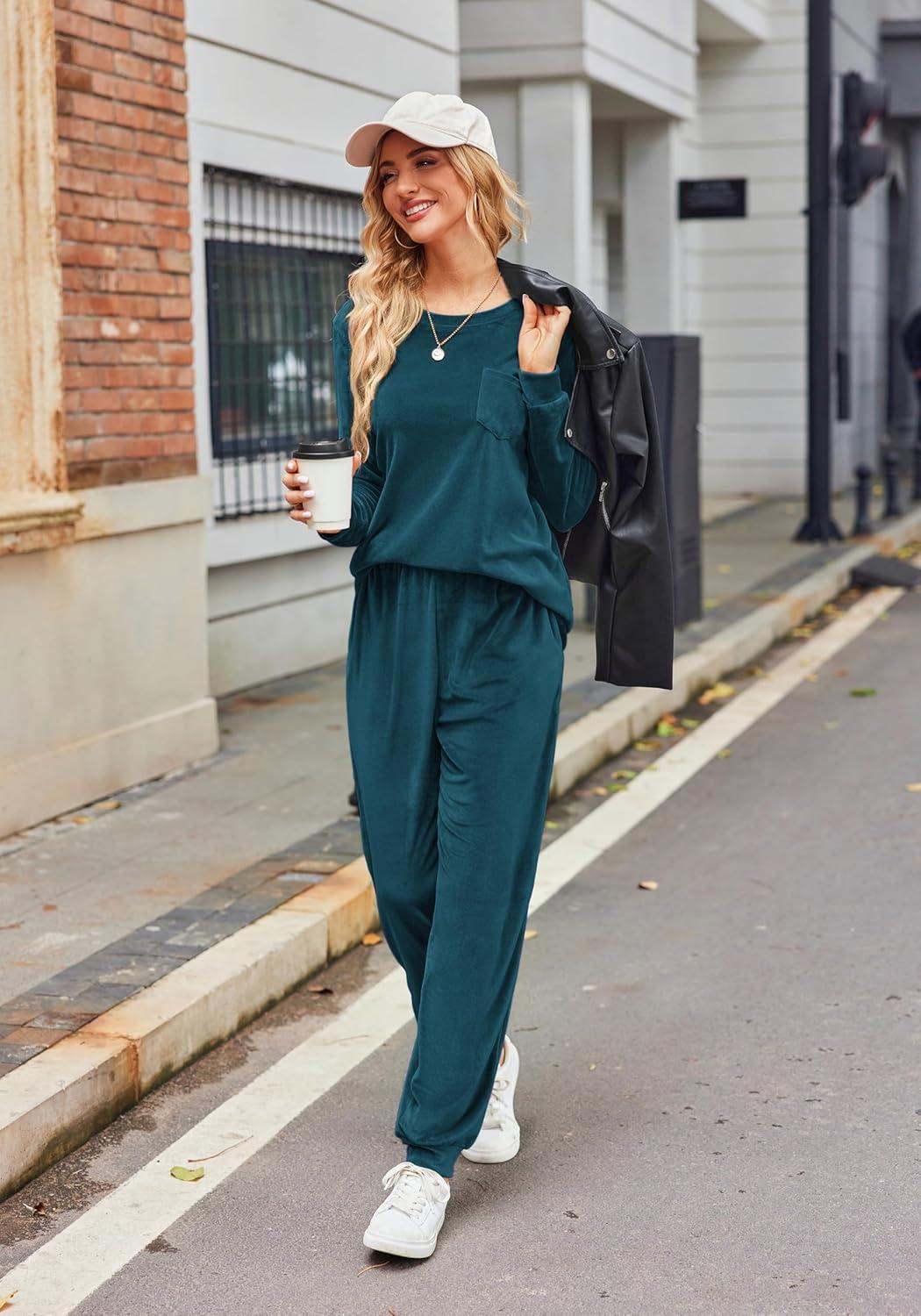 imageEkouaer Womens Pajamas Sets Long Sleeve Soft Sleepwear 2 Piece Velvet Pjs Lounge Sets with PocketsBlue Green