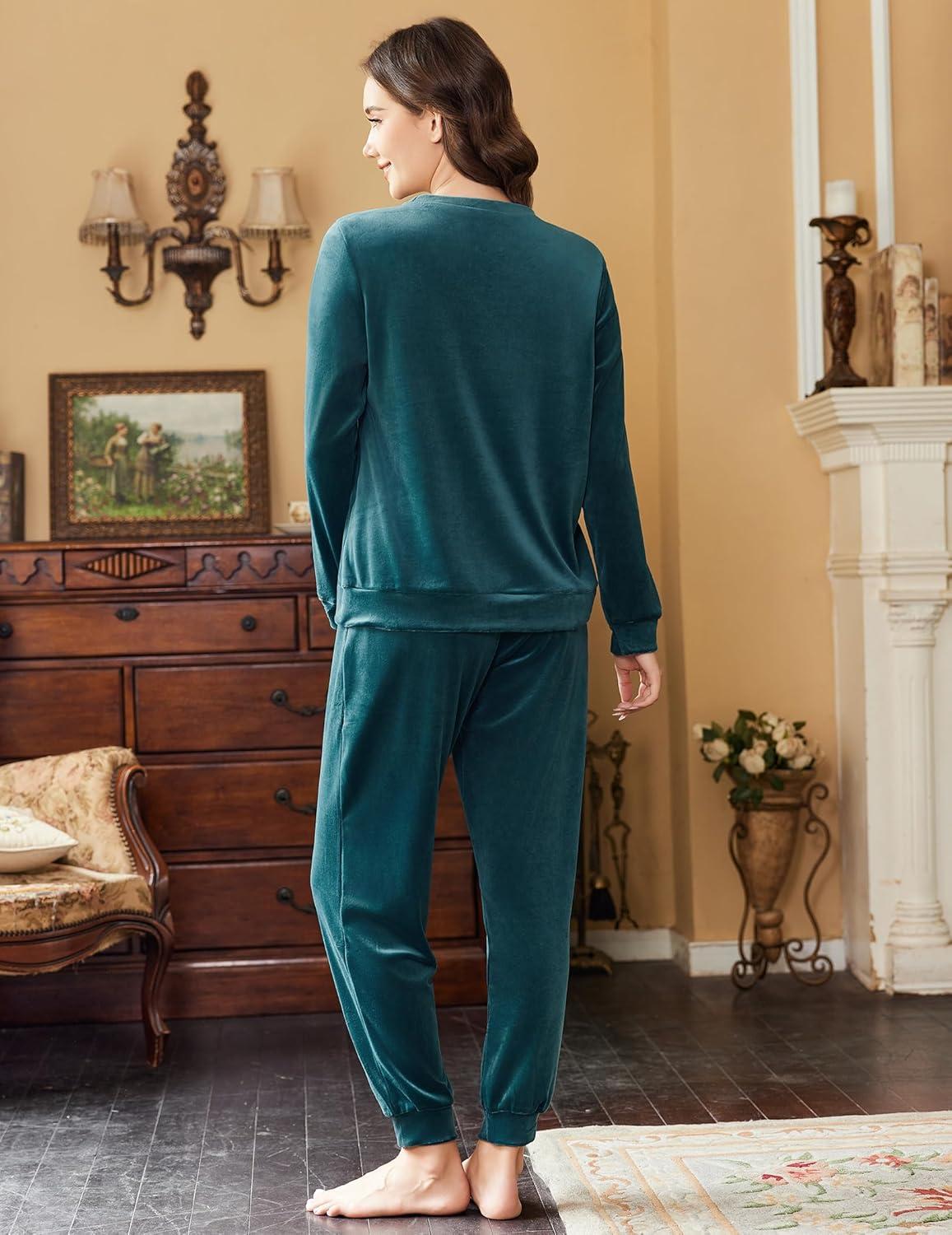 imageEkouaer Womens Pajamas Sets Long Sleeve Soft Sleepwear 2 Piece Velvet Pjs Lounge Sets with PocketsBlue Green