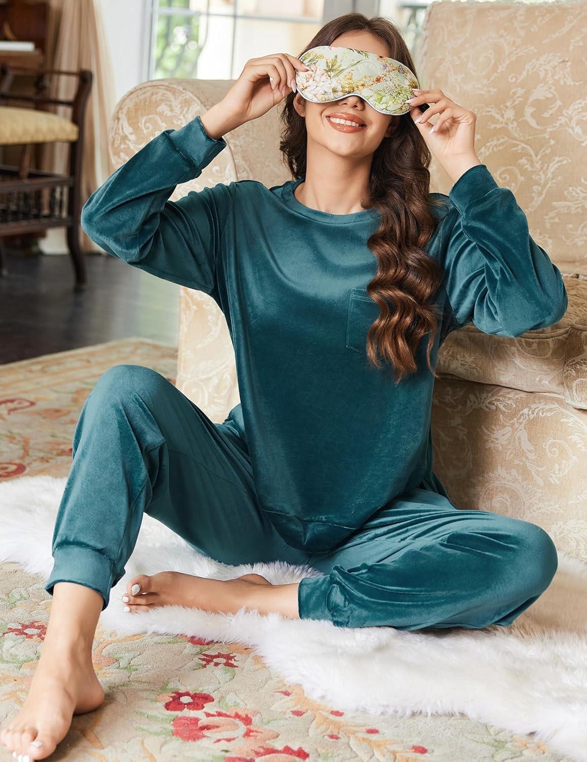 imageEkouaer Womens Pajamas Sets Long Sleeve Soft Sleepwear 2 Piece Velvet Pjs Lounge Sets with PocketsBlue Green