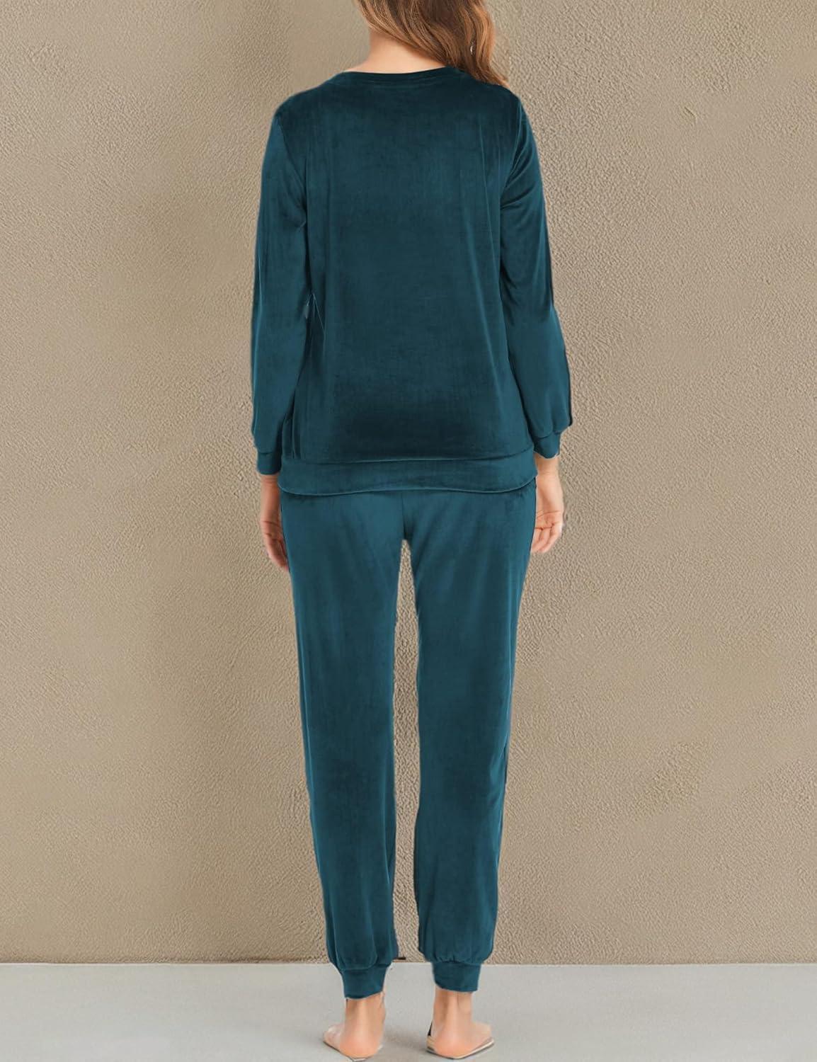 imageEkouaer Womens Pajamas Sets Long Sleeve Soft Sleepwear 2 Piece Velvet Pjs Lounge Sets with PocketsBlue Green