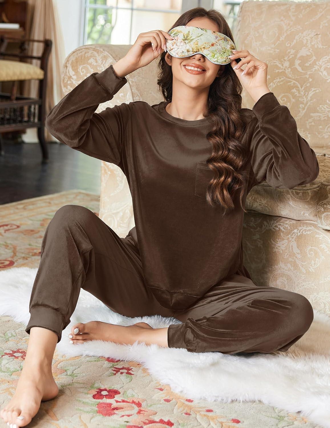 imageEkouaer Womens Pajamas Sets Long Sleeve Soft Sleepwear 2 Piece Velvet Pjs Lounge Sets with PocketsBrown