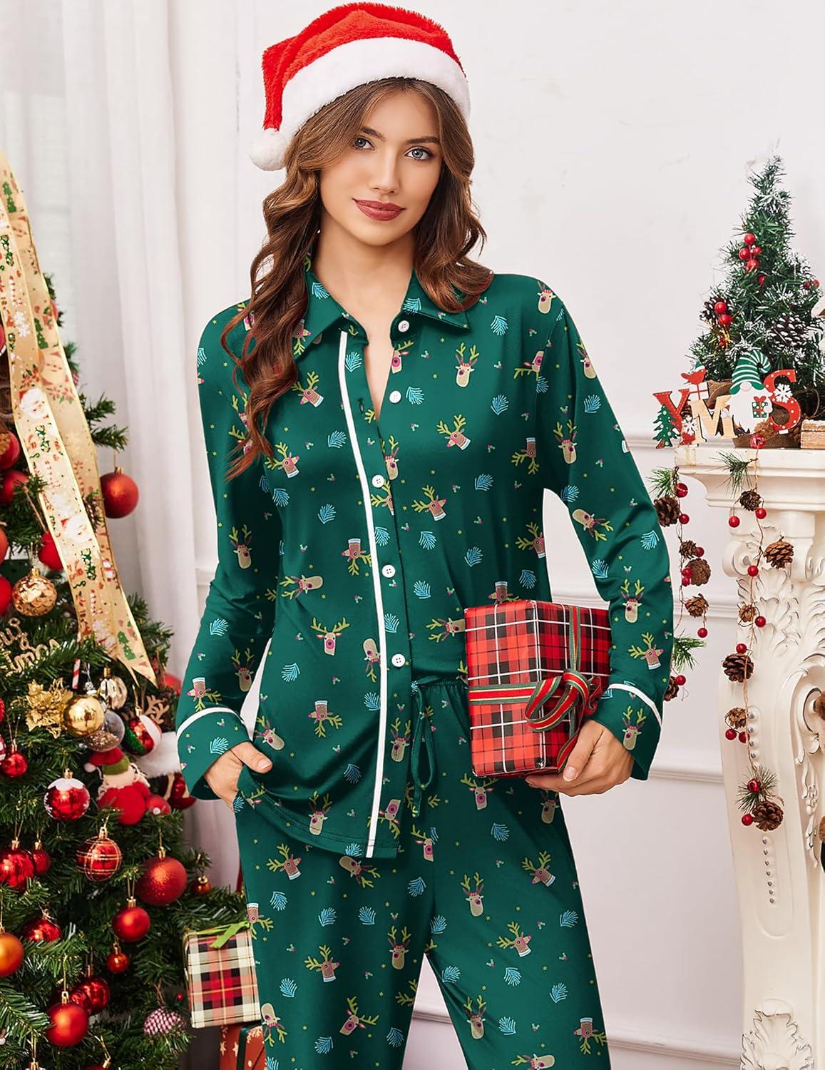 imageEkouaer Womens Pajamas Sets Long Sleeve Soft Sleepwear 2 Piece Velvet Pjs Lounge Sets with PocketsGreen Elk