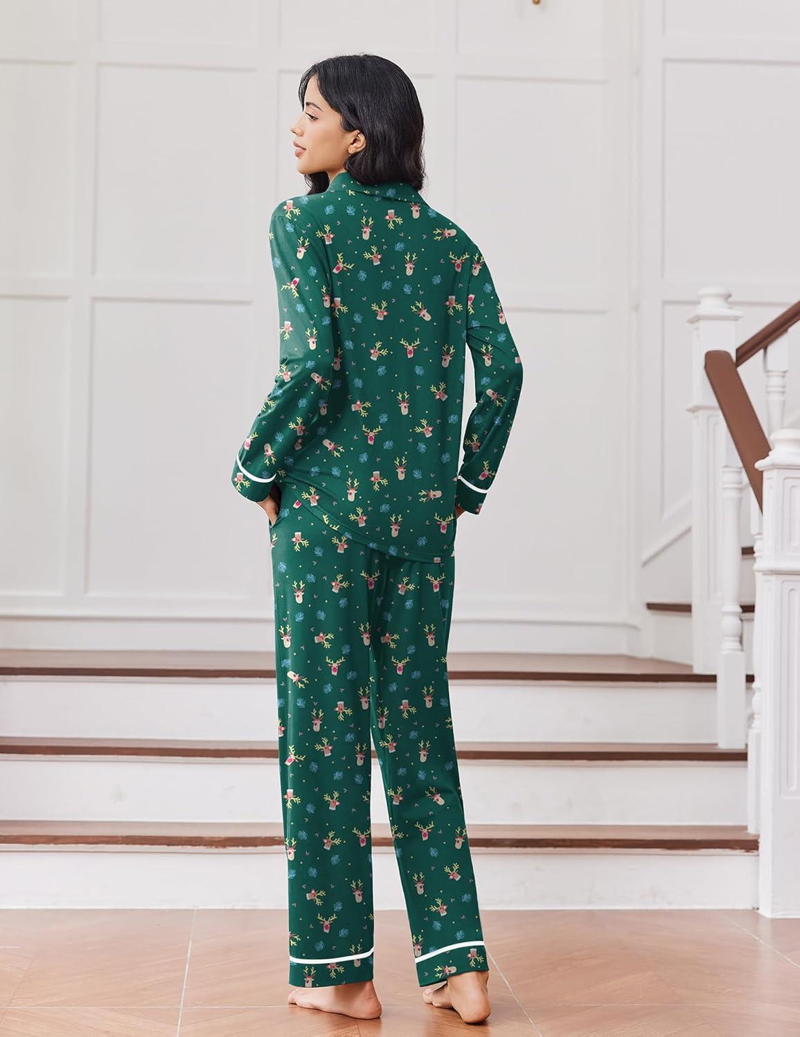 imageEkouaer Womens Pajamas Sets Long Sleeve Soft Sleepwear 2 Piece Velvet Pjs Lounge Sets with PocketsGreen Elk