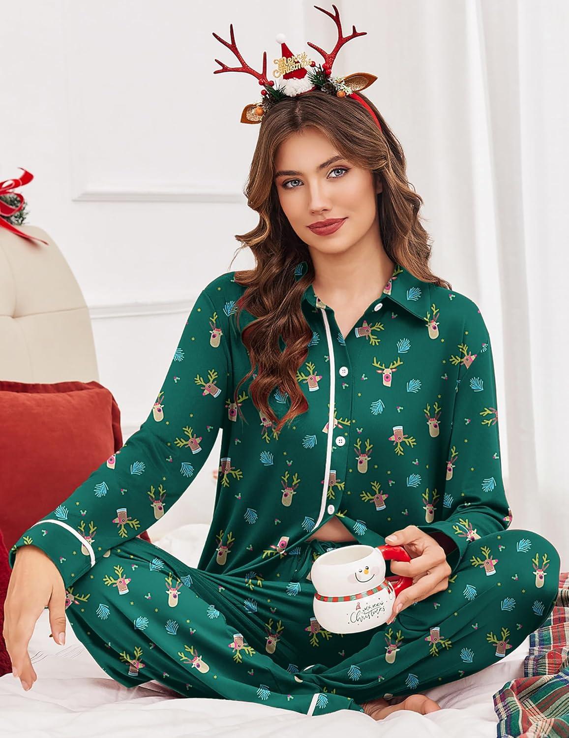imageEkouaer Womens Pajamas Sets Long Sleeve Soft Sleepwear 2 Piece Velvet Pjs Lounge Sets with PocketsGreen Elk
