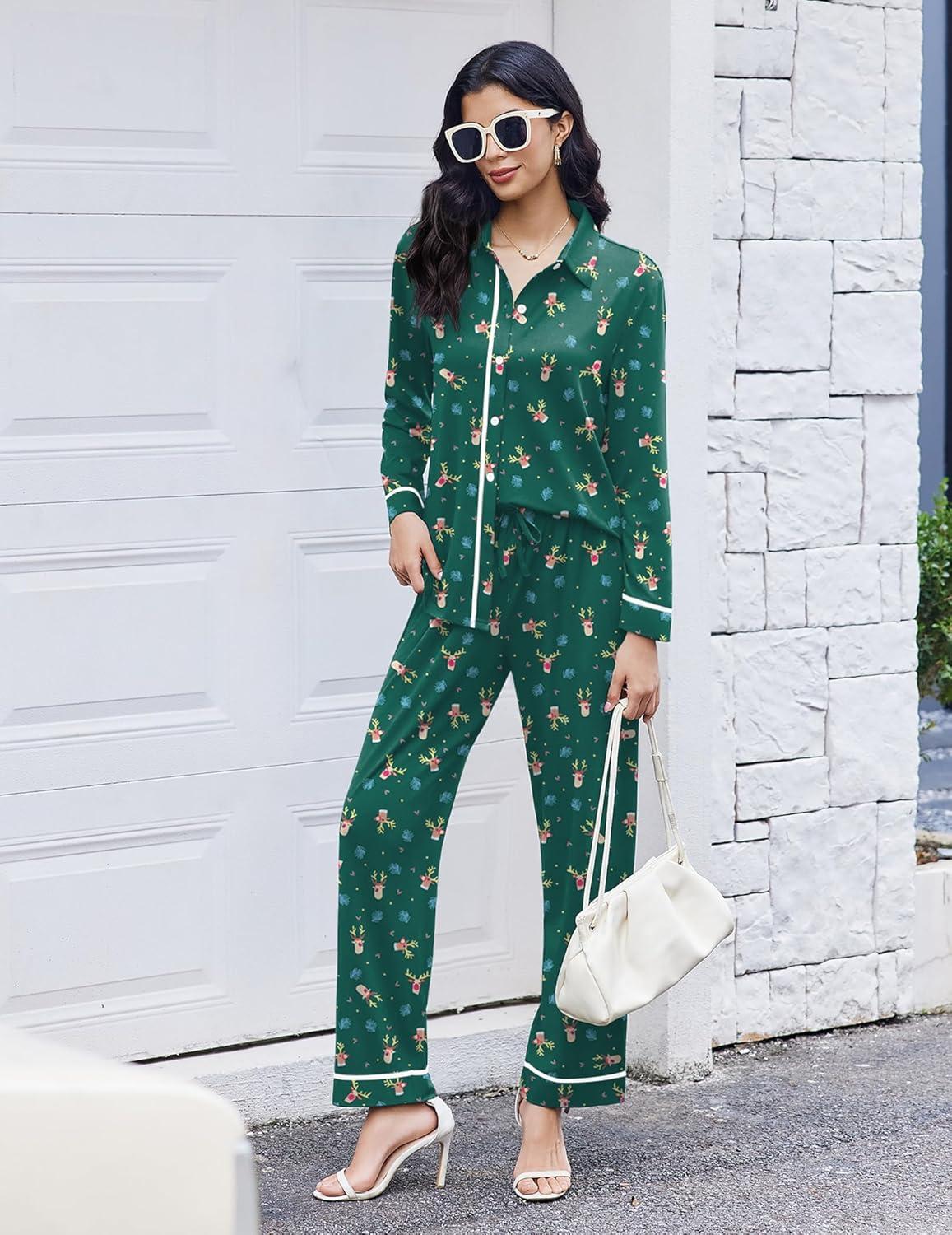imageEkouaer Womens Pajamas Sets Long Sleeve Soft Sleepwear 2 Piece Velvet Pjs Lounge Sets with PocketsGreen Elk
