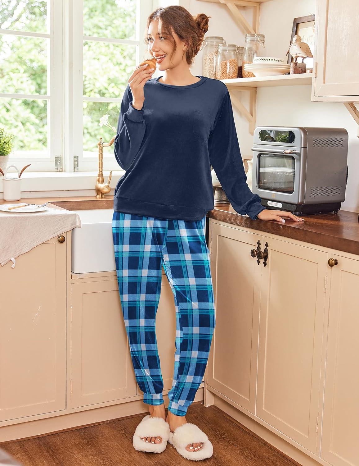 imageEkouaer Womens Pajamas Sets Long Sleeve Soft Sleepwear 2 Piece Velvet Pjs Lounge Sets with PocketsPlaid Blue