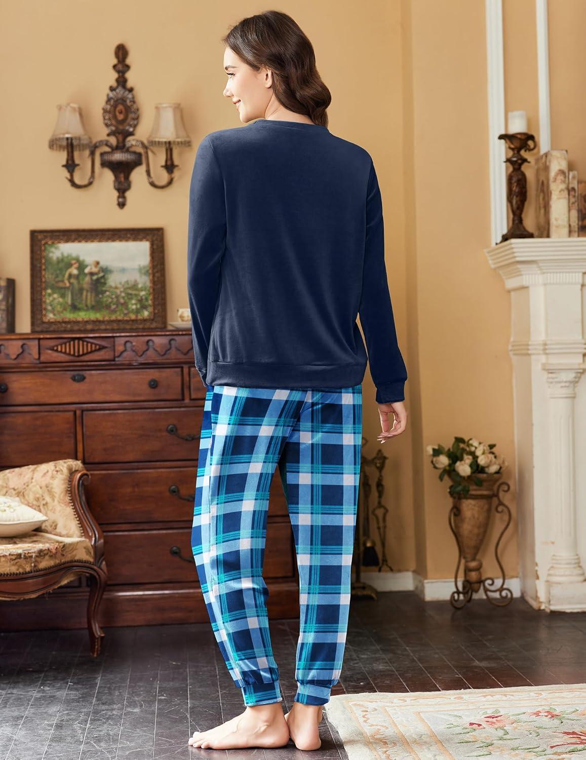 imageEkouaer Womens Pajamas Sets Long Sleeve Soft Sleepwear 2 Piece Velvet Pjs Lounge Sets with PocketsPlaid Blue